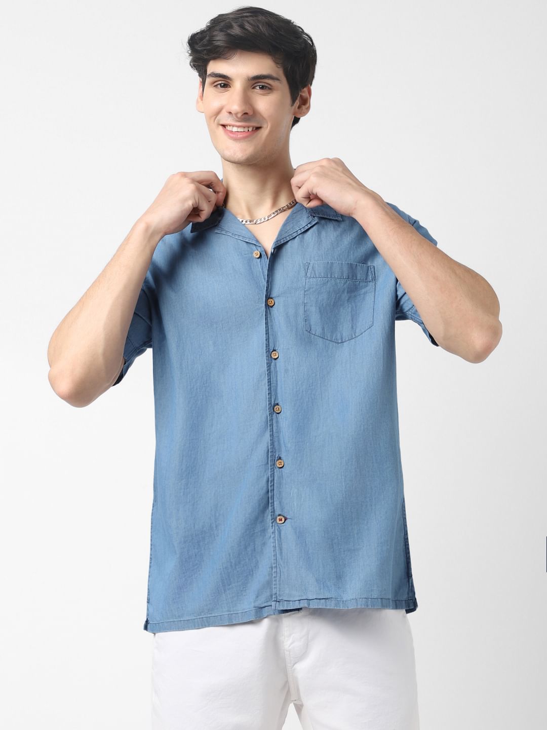 Blue Notch Collar Oversized Shirt