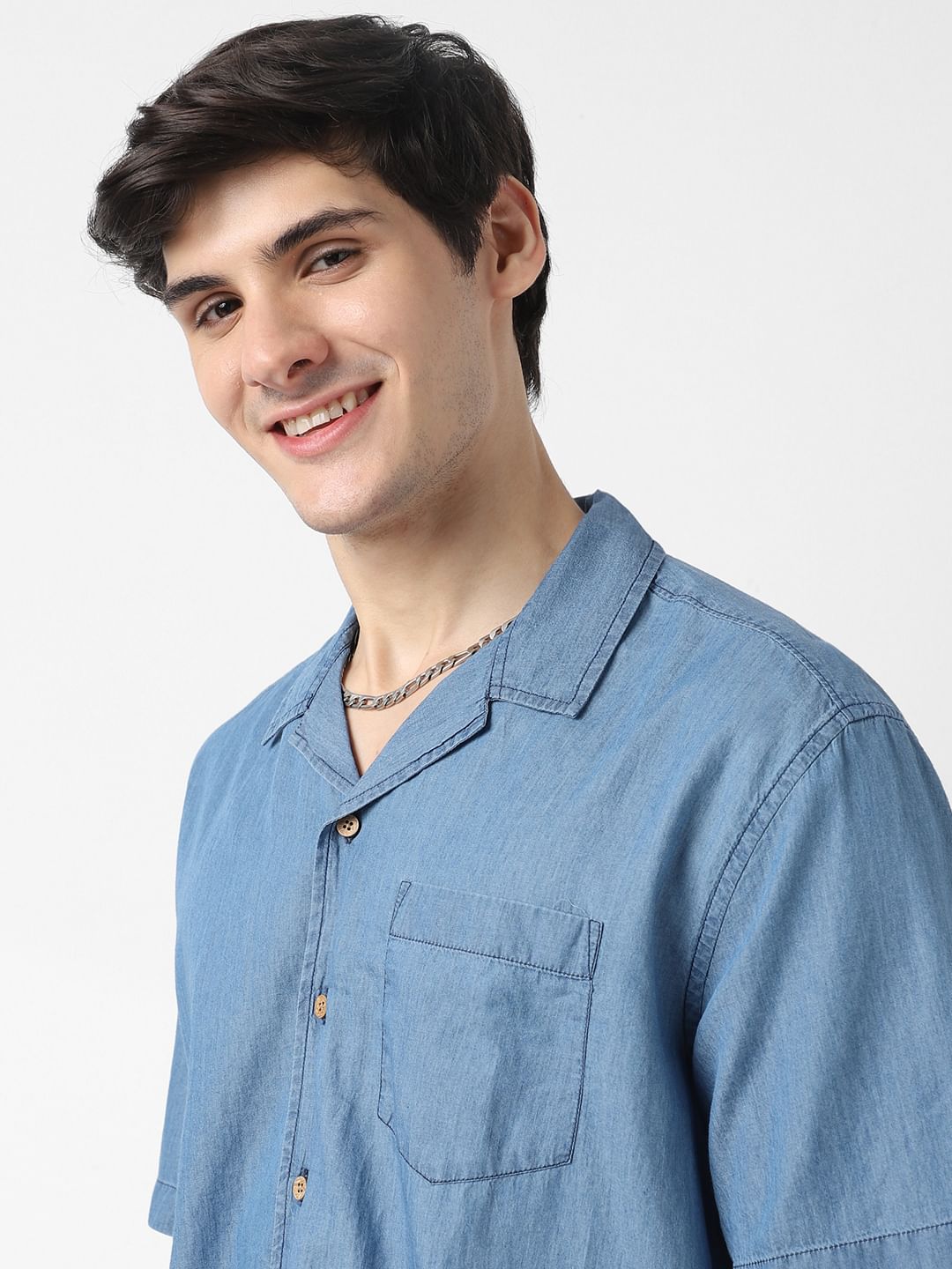 Blue Notch Collar Oversized Shirt