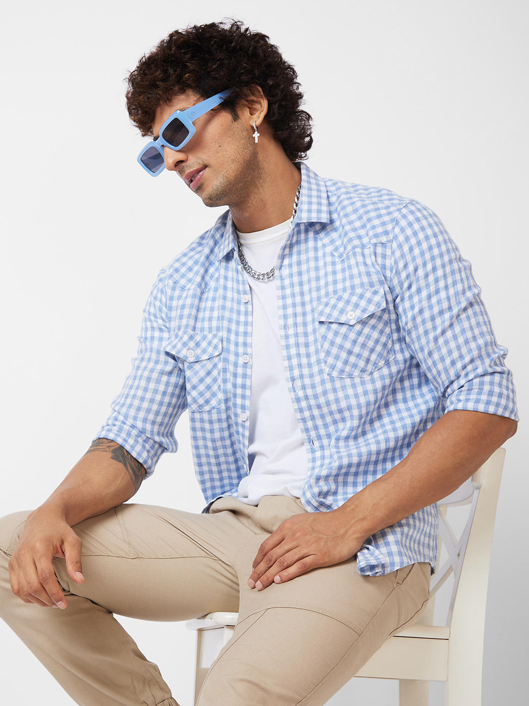Blue & White Checkered Double Pocket Overshirt