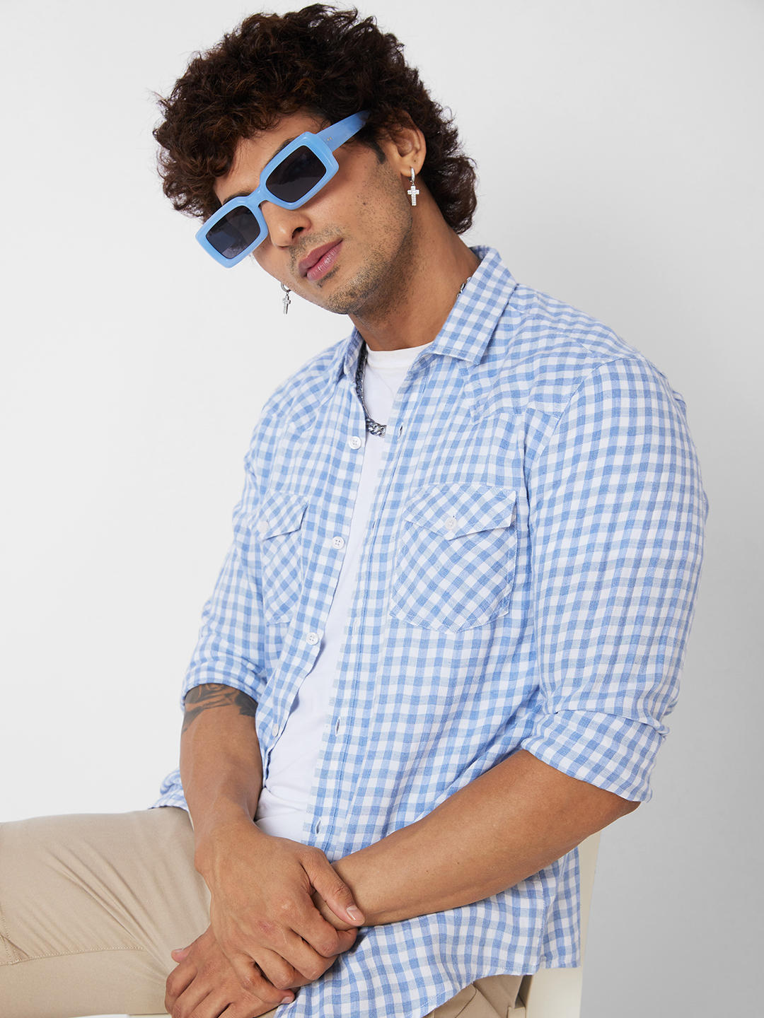Blue & White Checkered Double Pocket Overshirt