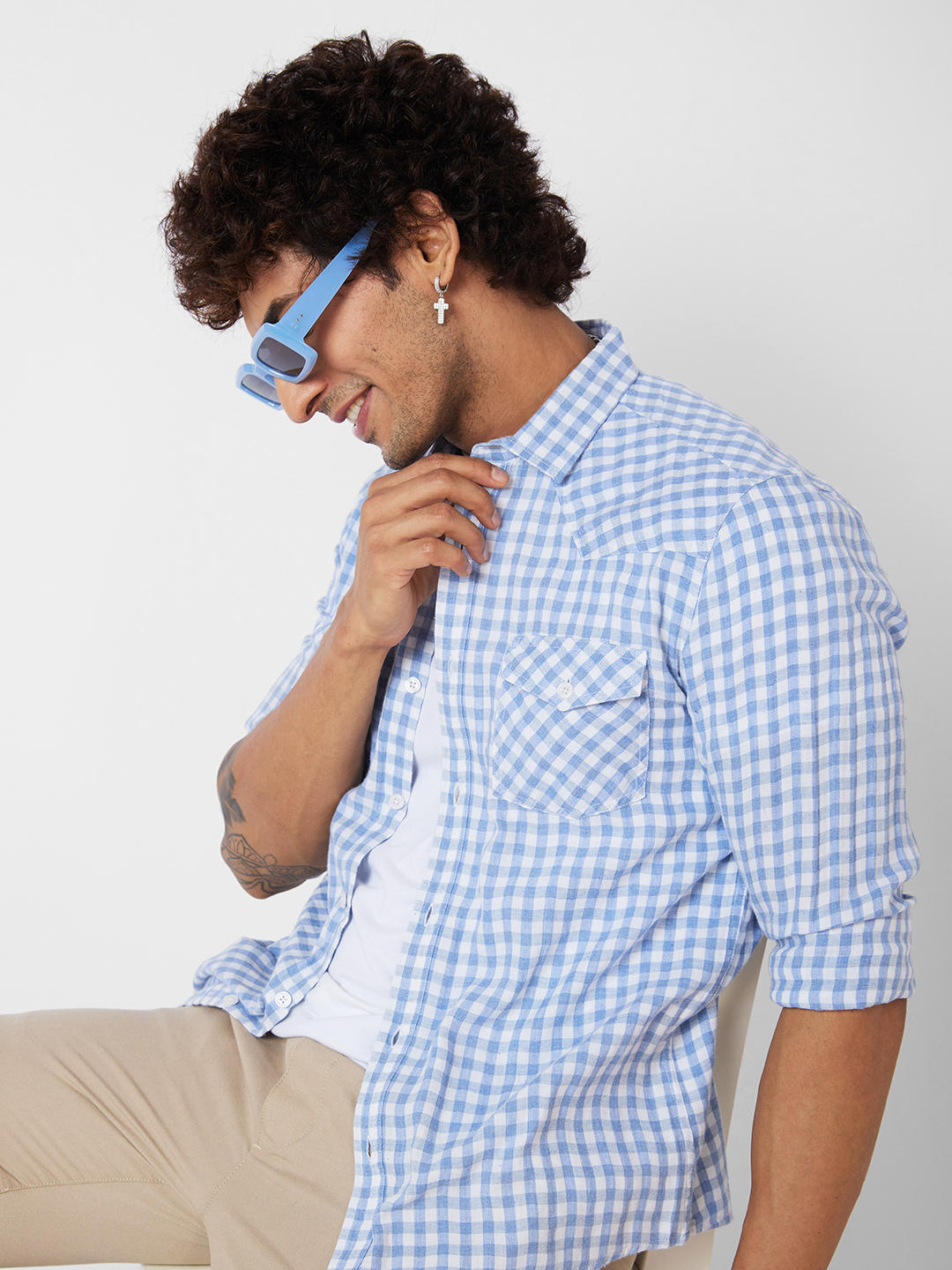 Blue & White Checkered Double Pocket Overshirt