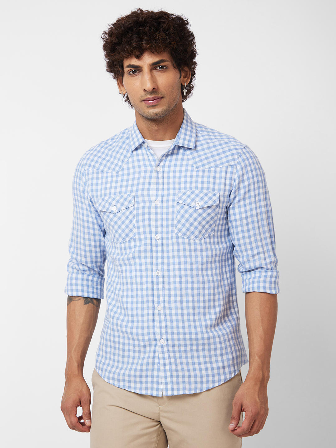 Blue & White Checkered Double Pocket Overshirt