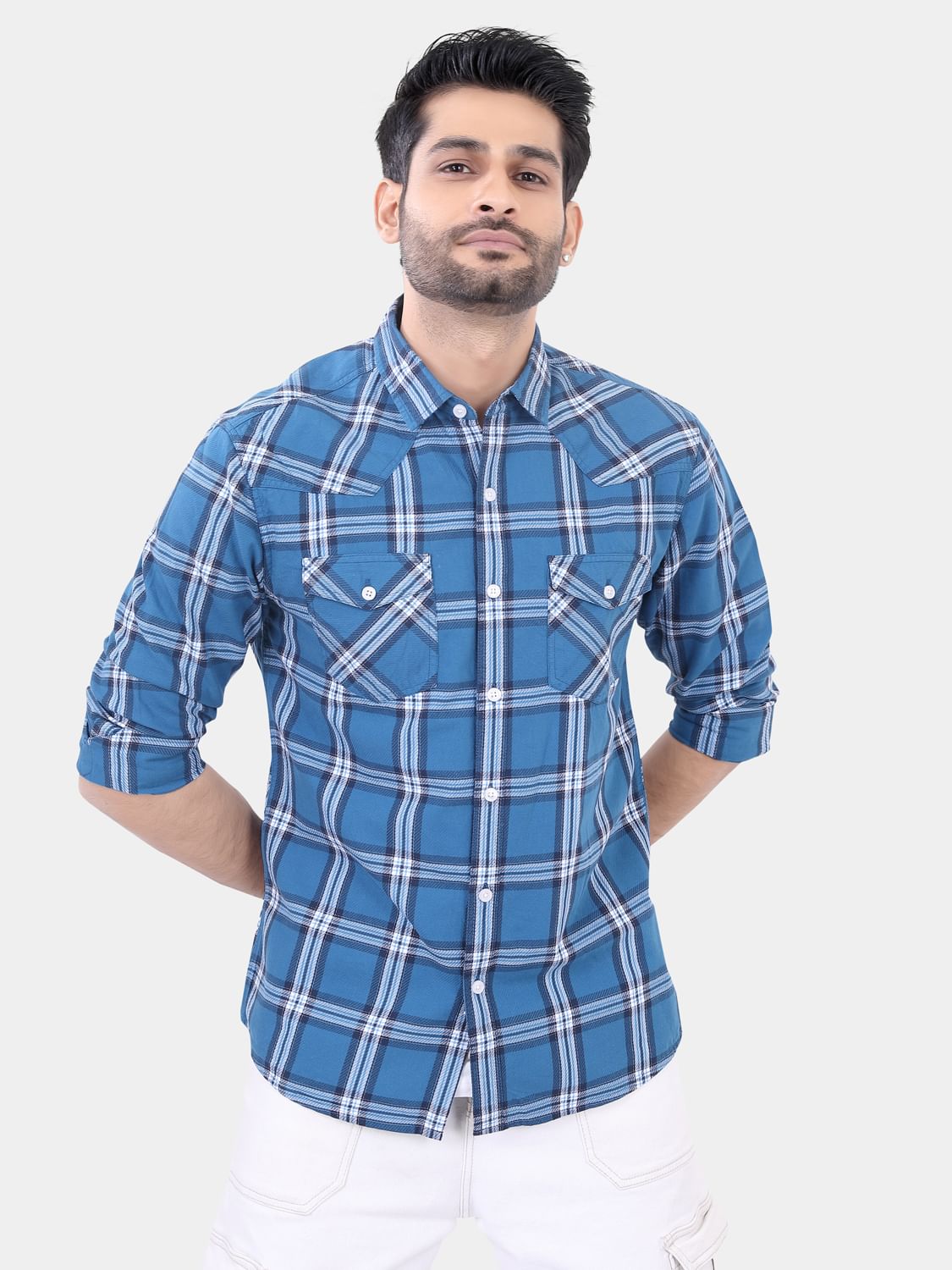 Blue Double Pocket Checkered Overshirt