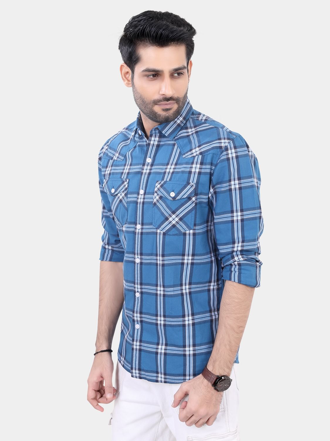 Blue Double Pocket Checkered Overshirt