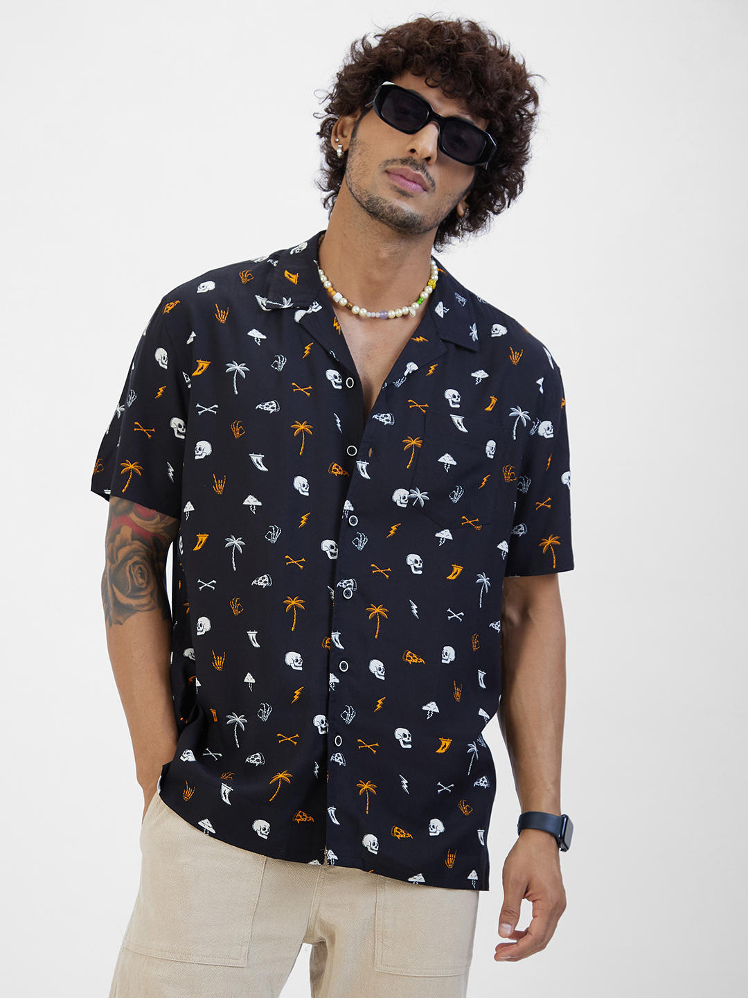 Black Printed Notch Collar Oversized Shirt