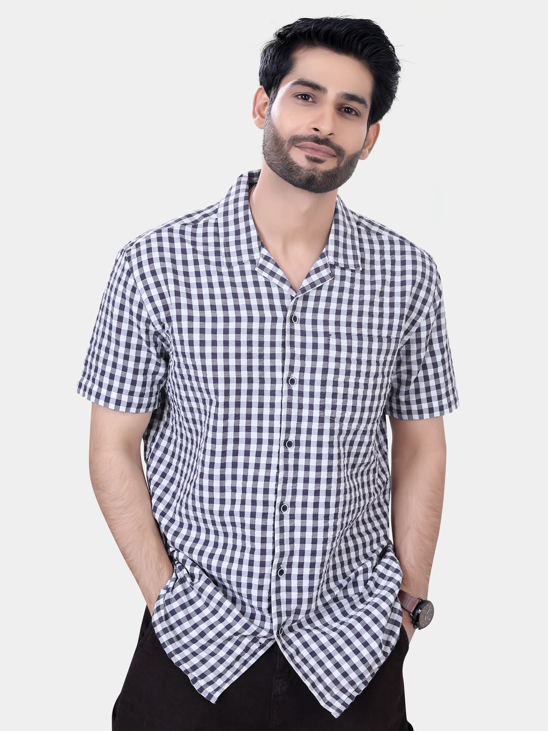 Grey and White Seersucker Checked Oversized Shirt