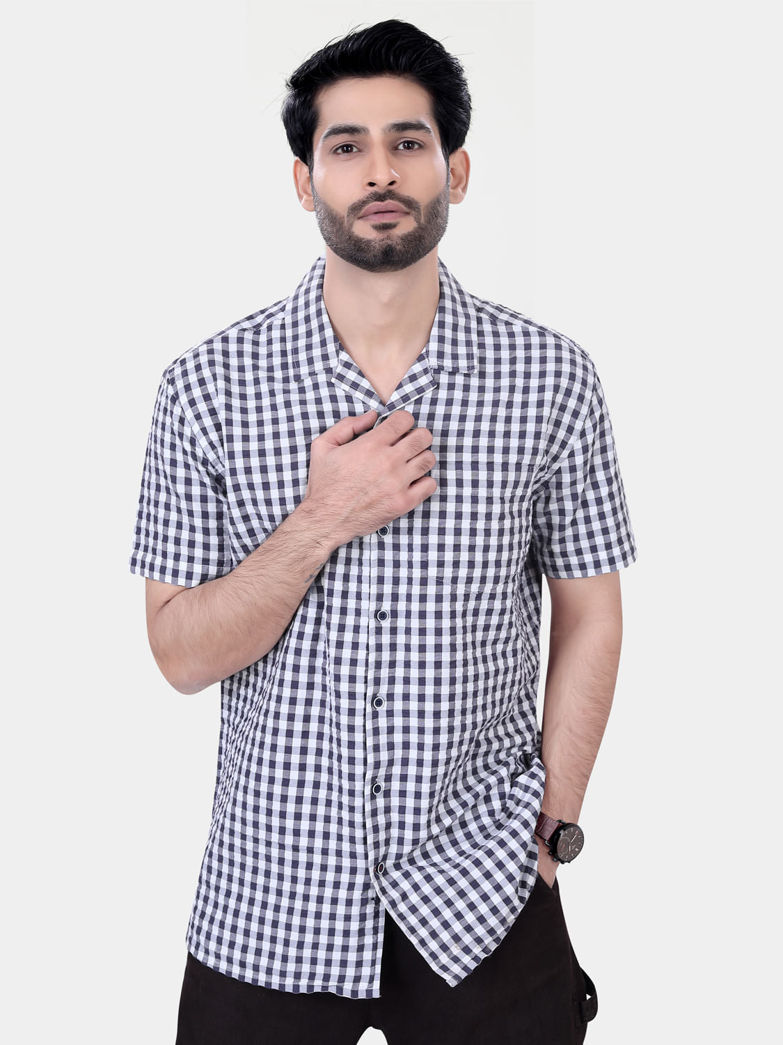 Grey and White Seersucker Checked Oversized Shirt