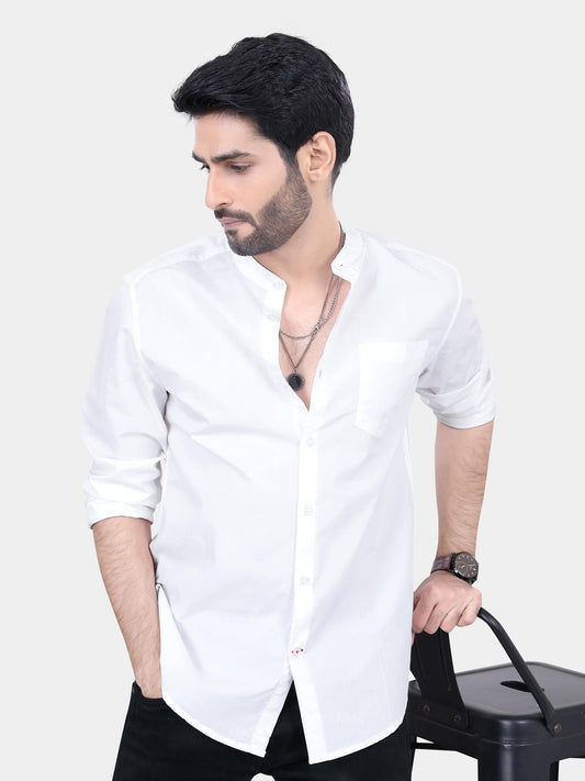 Mandarin Collar White Solid Shirt