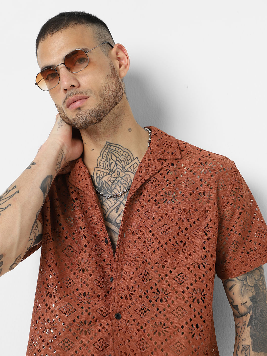 Coffee Brown Oversized Crochet Shirt