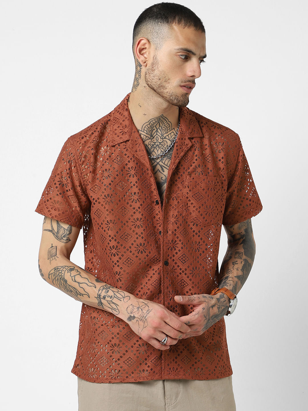 Coffee Brown Oversized Crochet Shirt