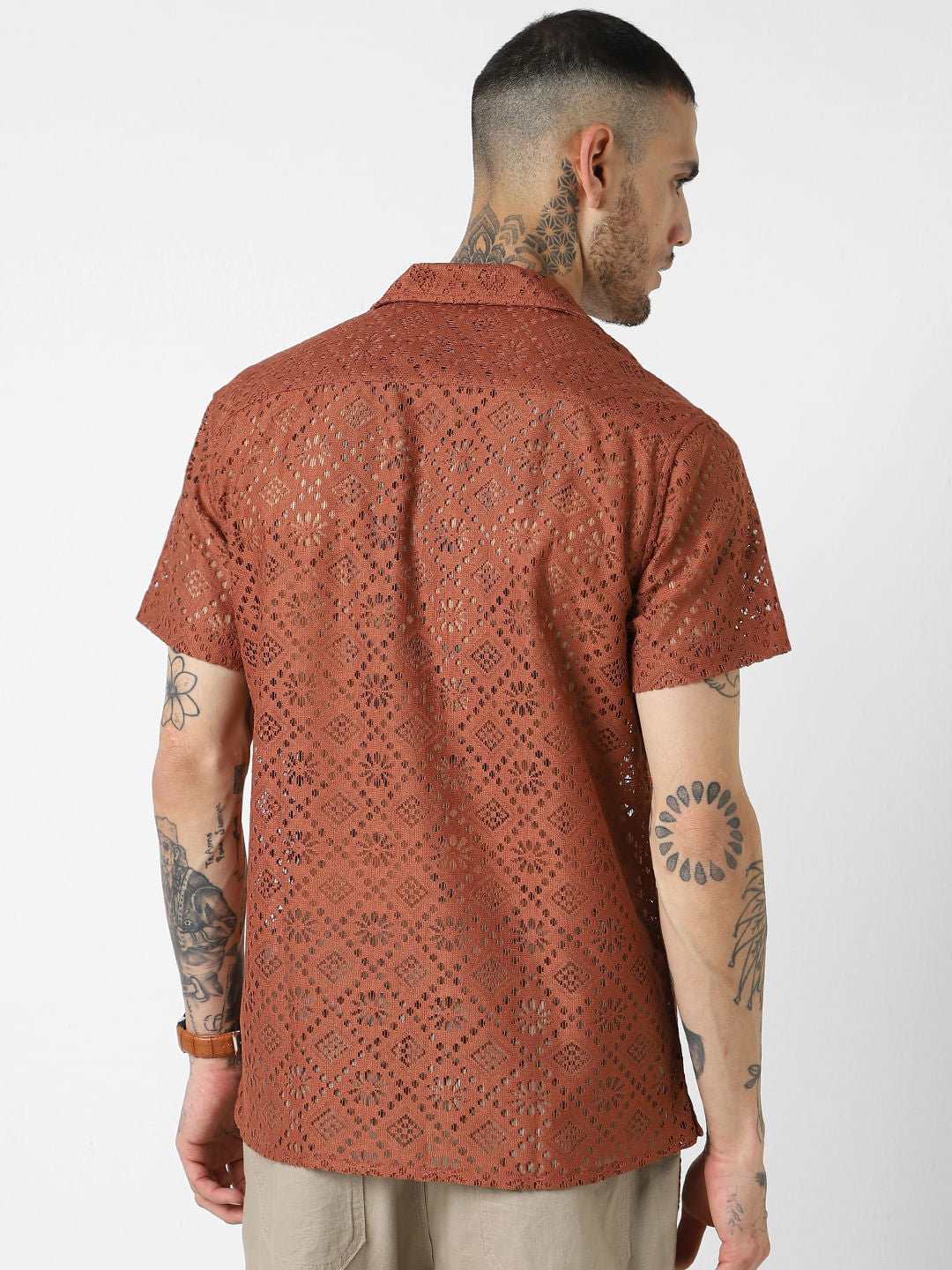 Coffee Brown Oversized Crochet Shirt