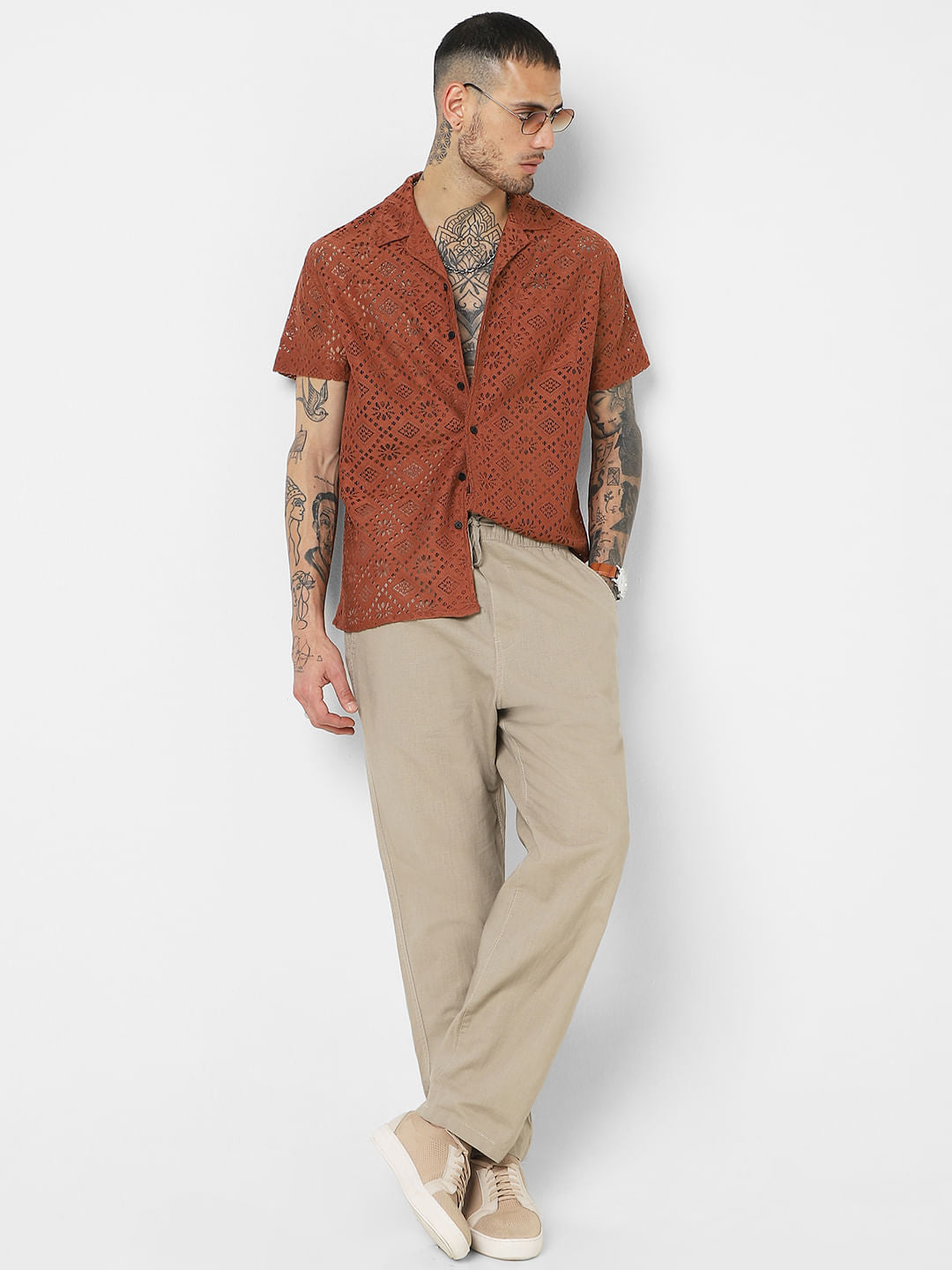 Coffee Brown Oversized Crochet Shirt