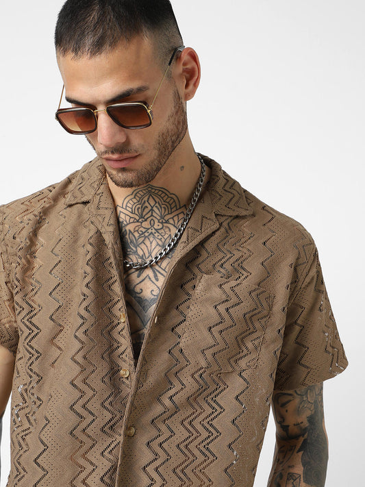 Mud Brown Oversized Crochet Shirt