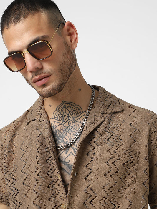 Mud Brown Oversized Crochet Shirt