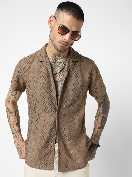 Mud Brown Oversized Crochet Shirt