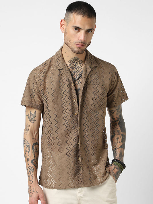 Mud Brown Oversized Crochet Shirt