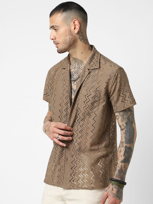 Mud Brown Oversized Crochet Shirt