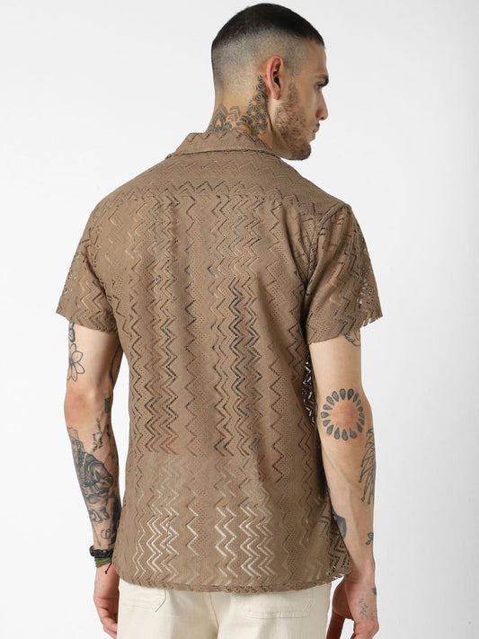 Mud Brown Oversized Crochet Shirt