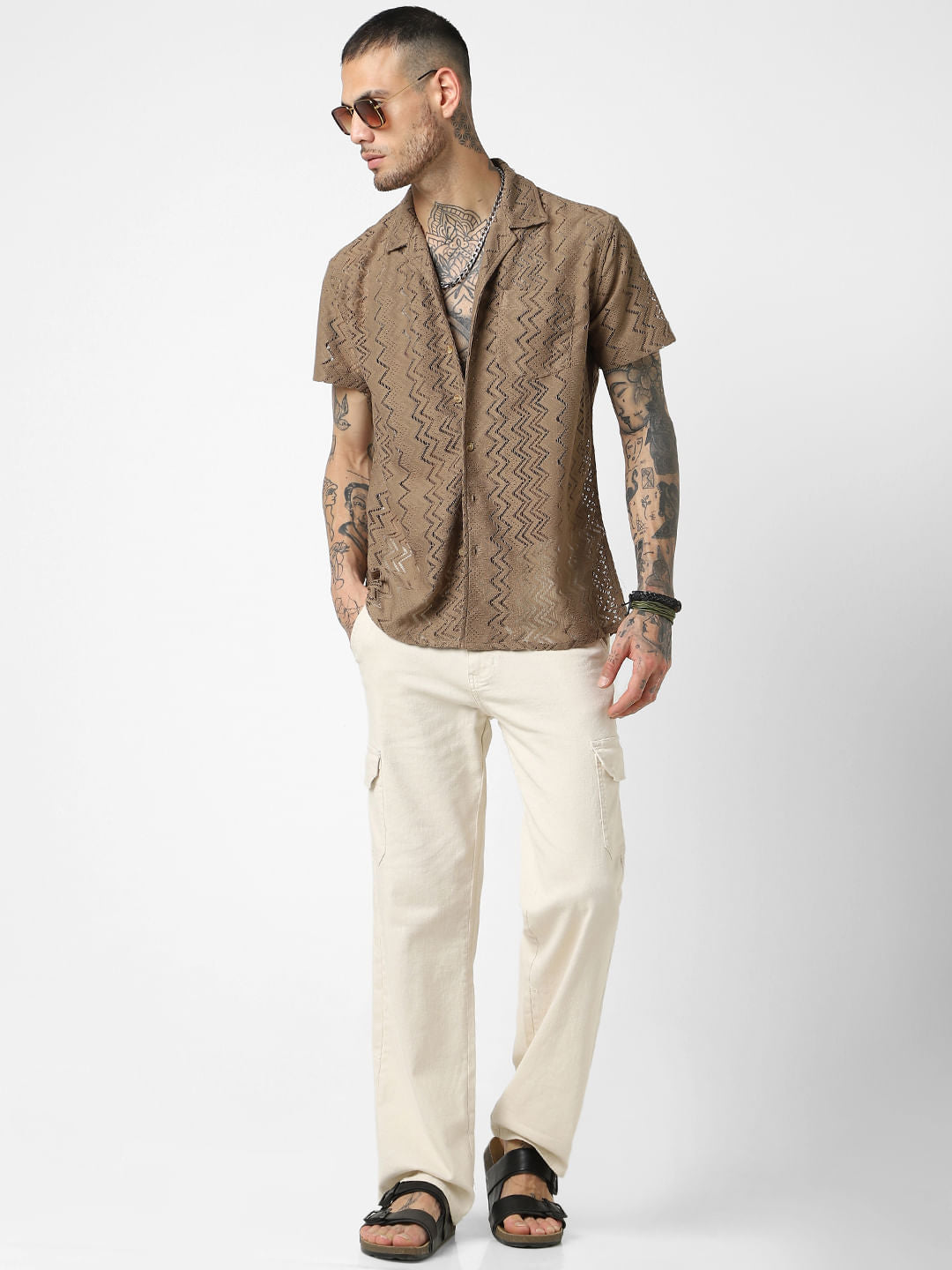 Mud Brown Oversized Crochet Shirt