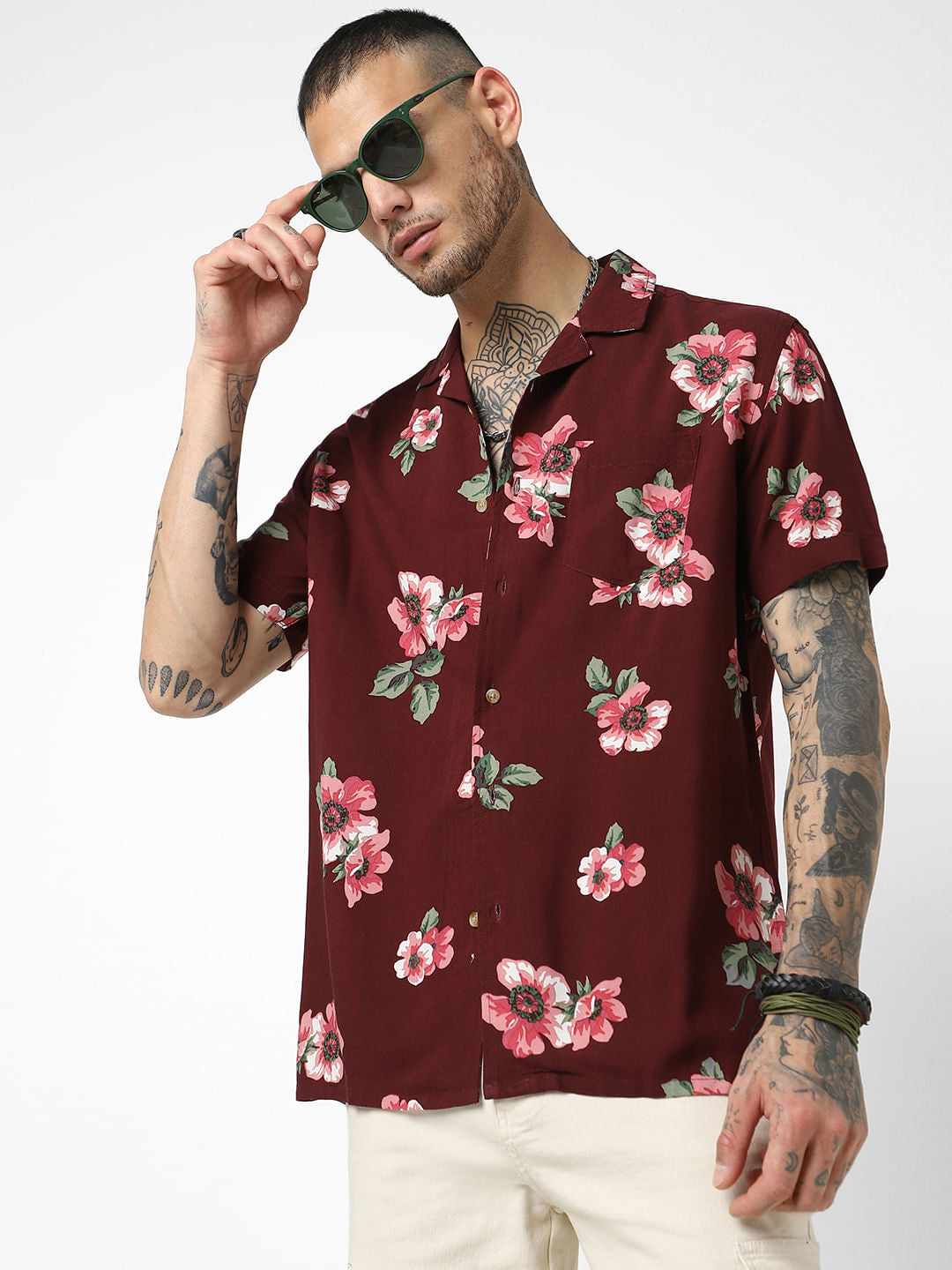 Maroon Floral Printed Oversized Shirt
