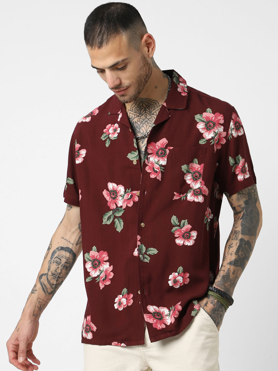Maroon Floral Printed Oversized Shirt