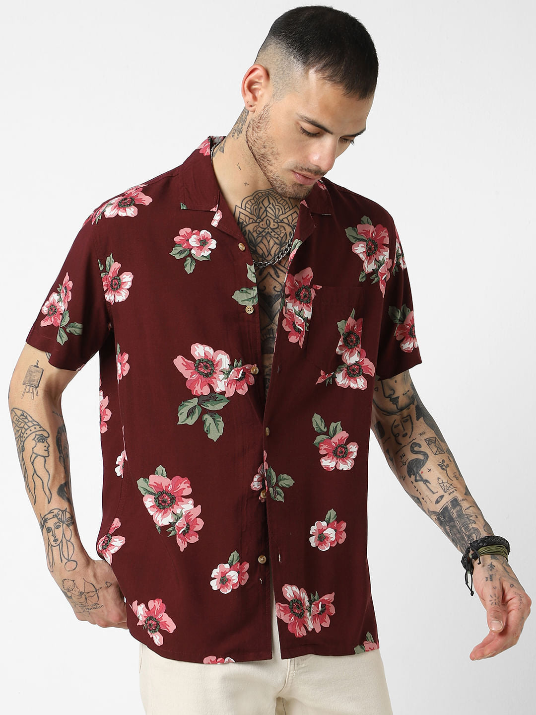 Maroon Floral Printed Oversized Shirt