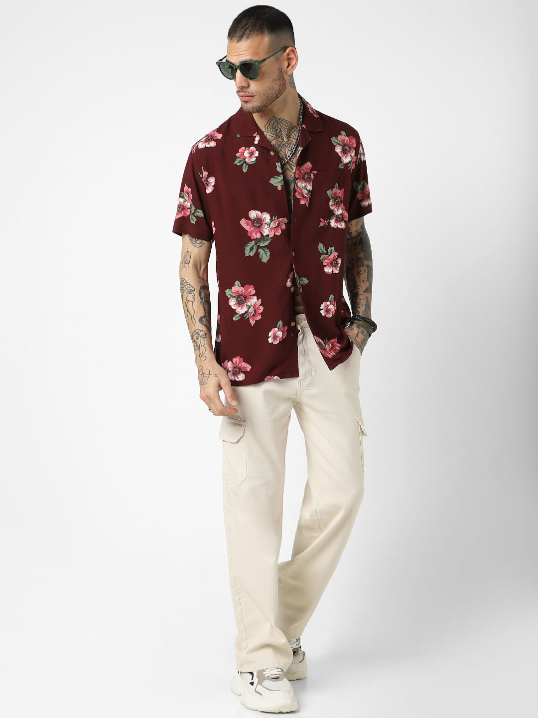 Maroon Floral Printed Oversized Shirt