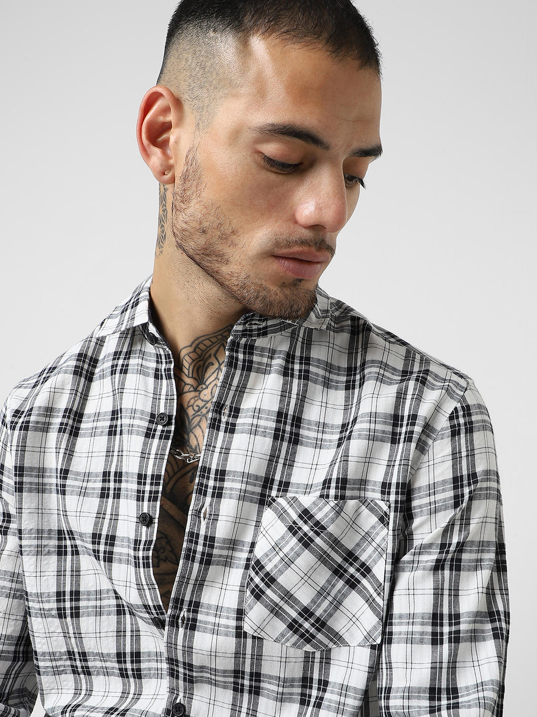 White & Black Tartan Checked Seersucker Shirt