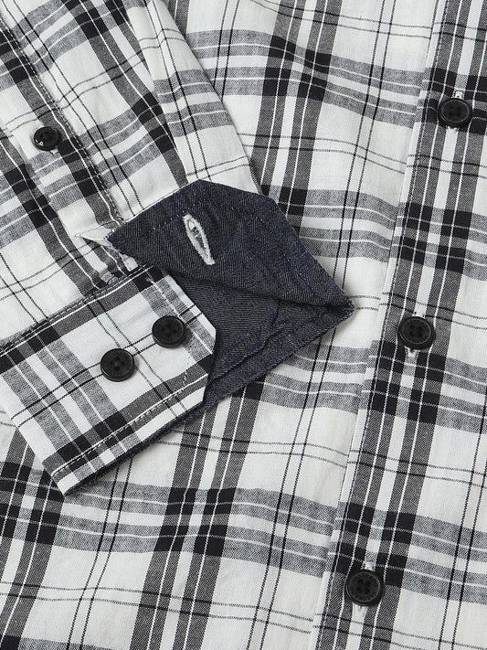 White & Black Tartan Checked Seersucker Shirt