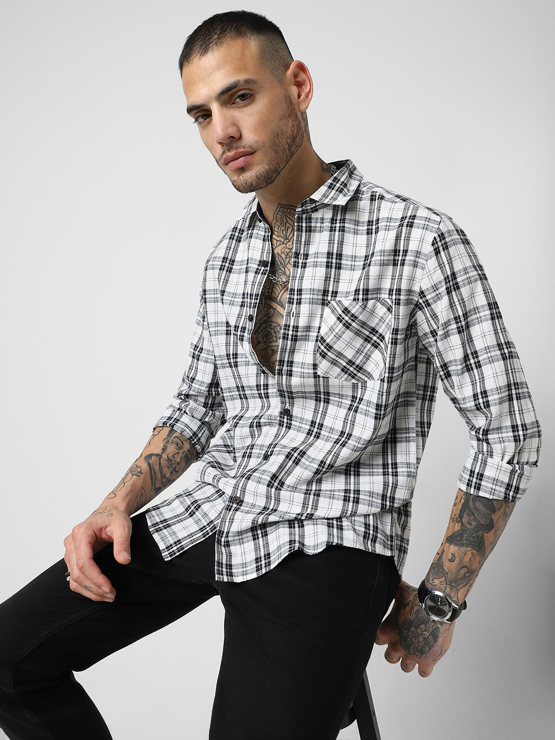 White & Black Tartan Checked Seersucker Shirt