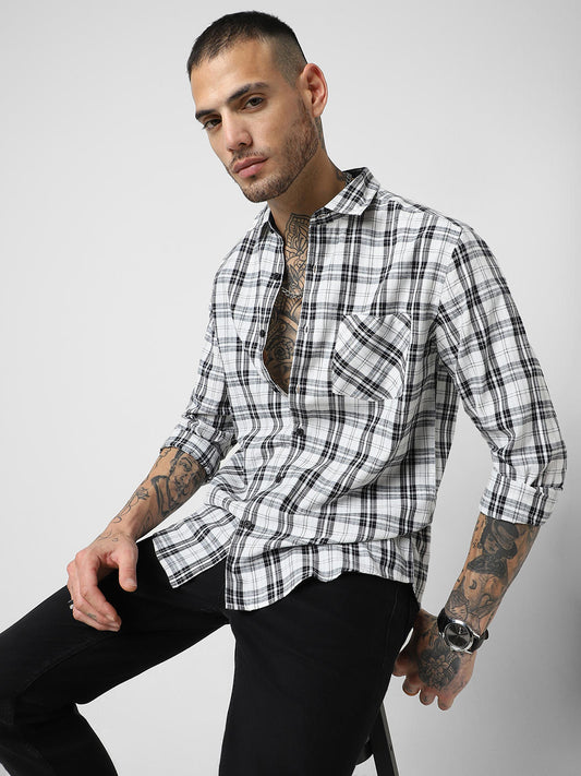 White & Black Tartan Checked Seersucker Shirt