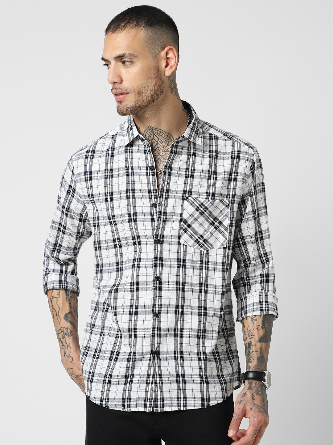 White & Black Tartan Checked Seersucker Shirt