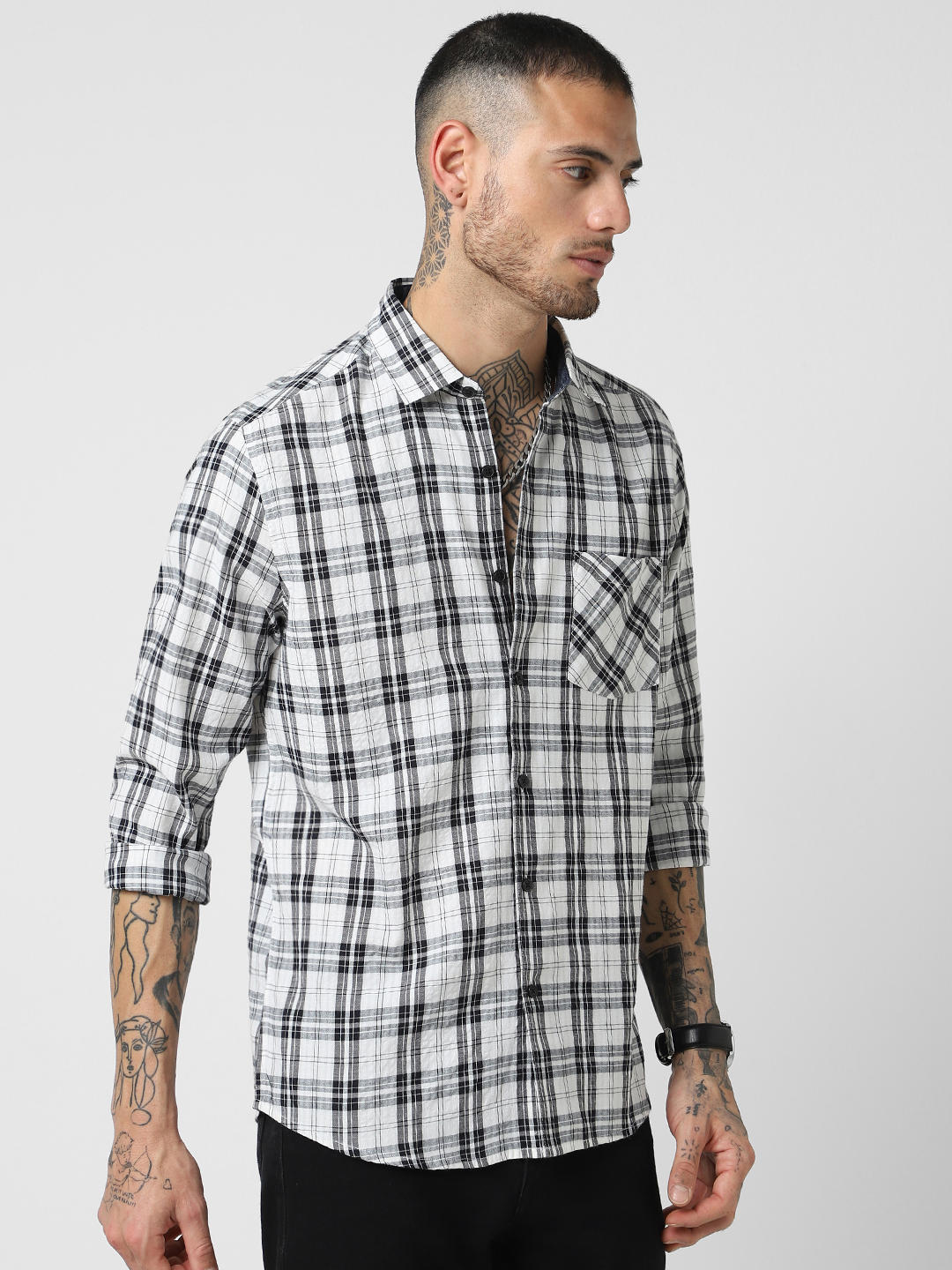 White & Black Tartan Checked Seersucker Shirt