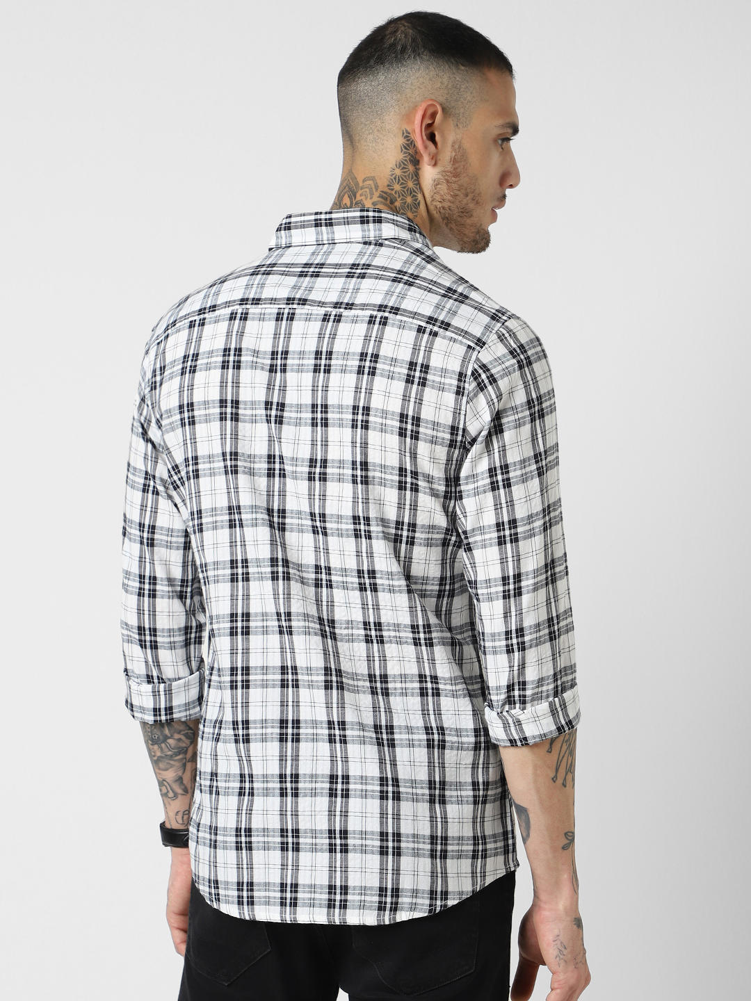 White & Black Tartan Checked Seersucker Shirt