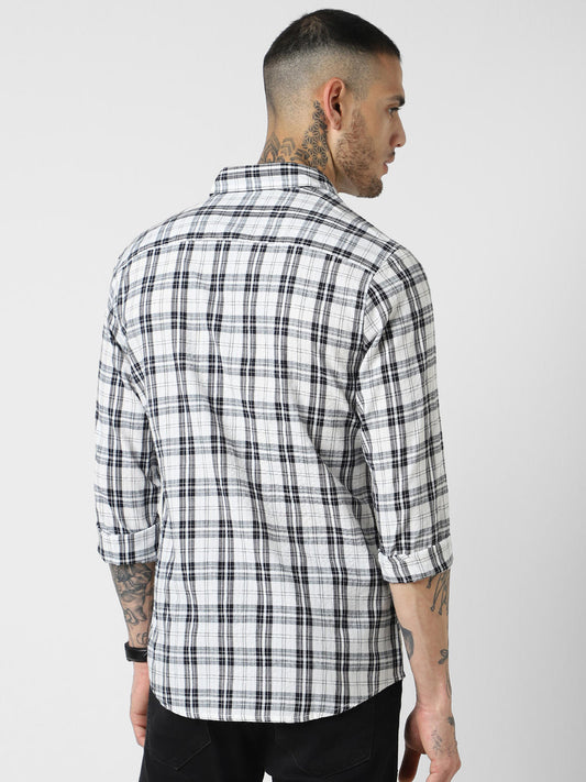 White & Black Tartan Checked Seersucker Shirt