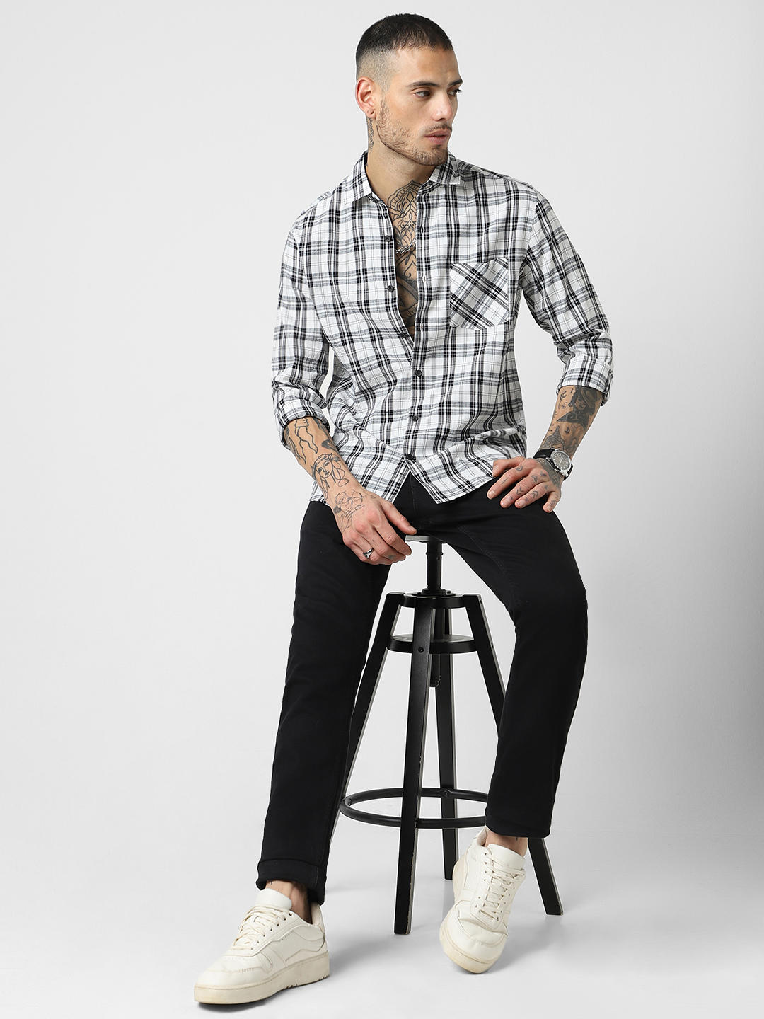White & Black Tartan Checked Seersucker Shirt