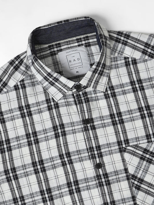 White & Black Tartan Checked Seersucker Shirt