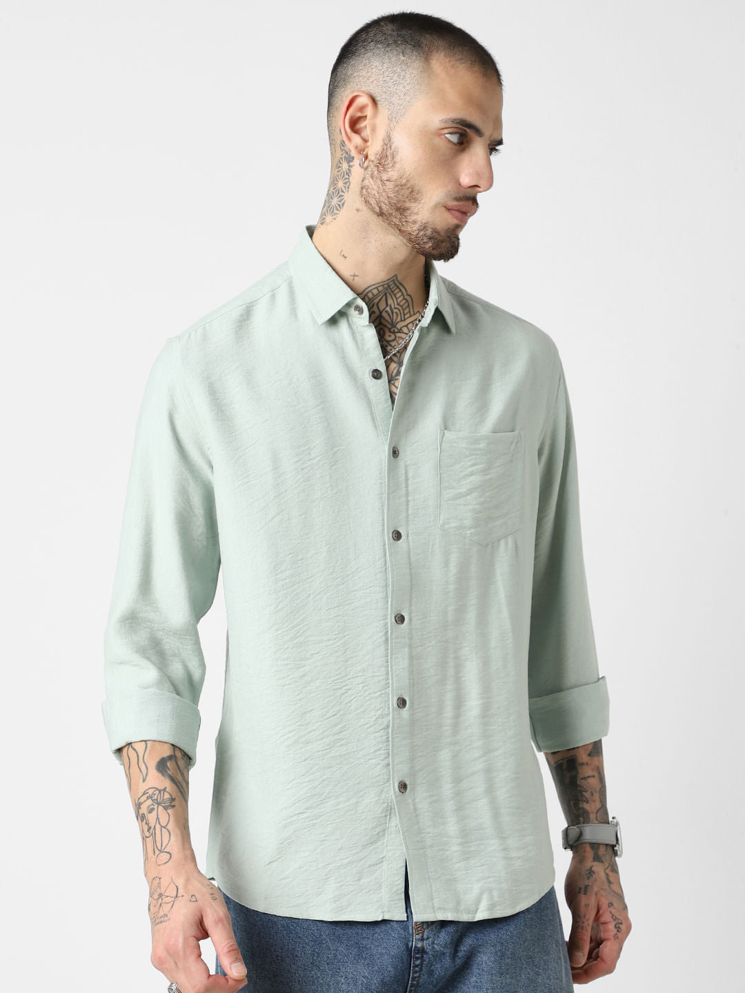 Premium Italian Linen Pastel Green Crinkle Shirt