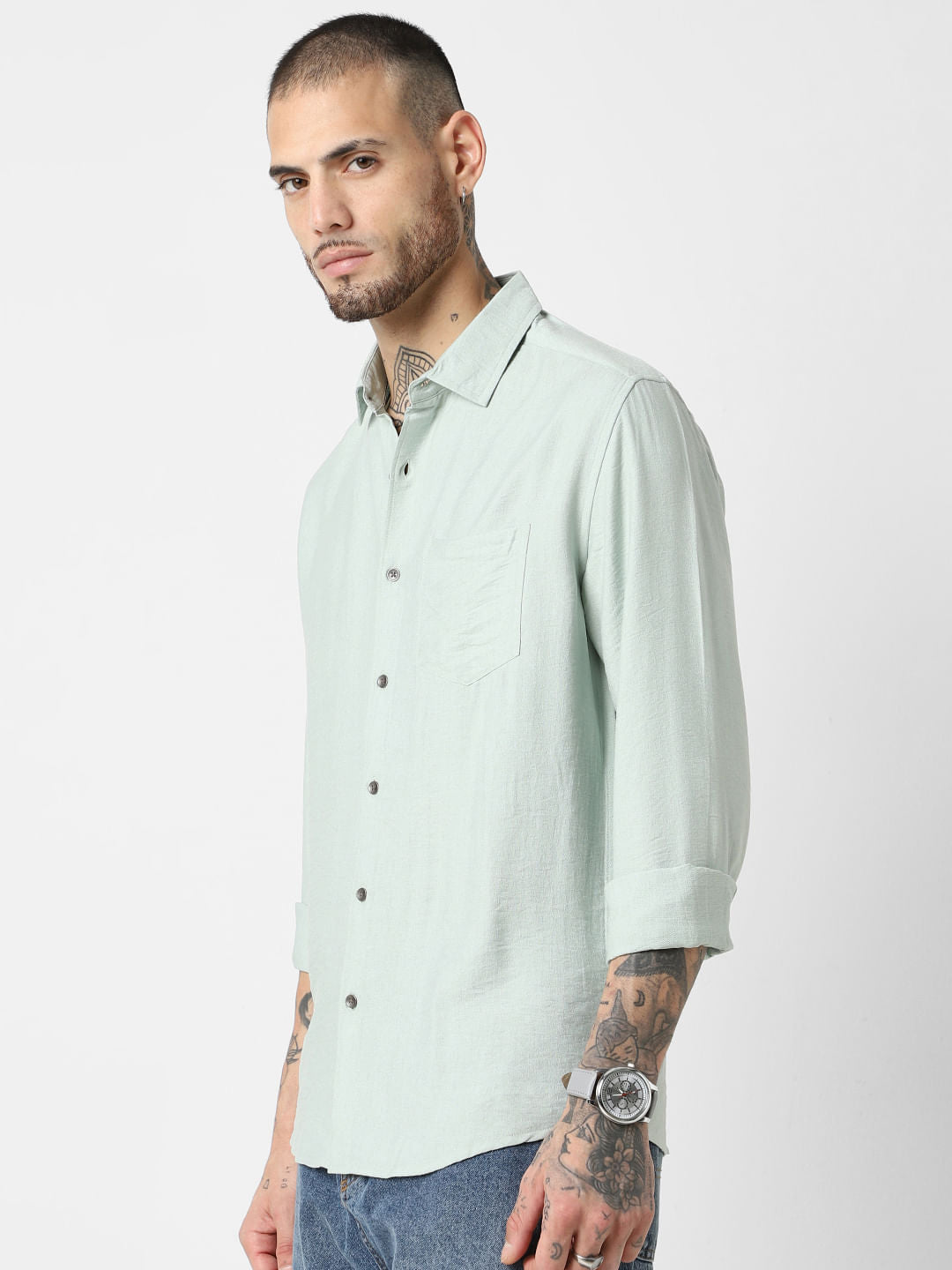 Premium Italian Linen Pastel Green Crinkle Shirt