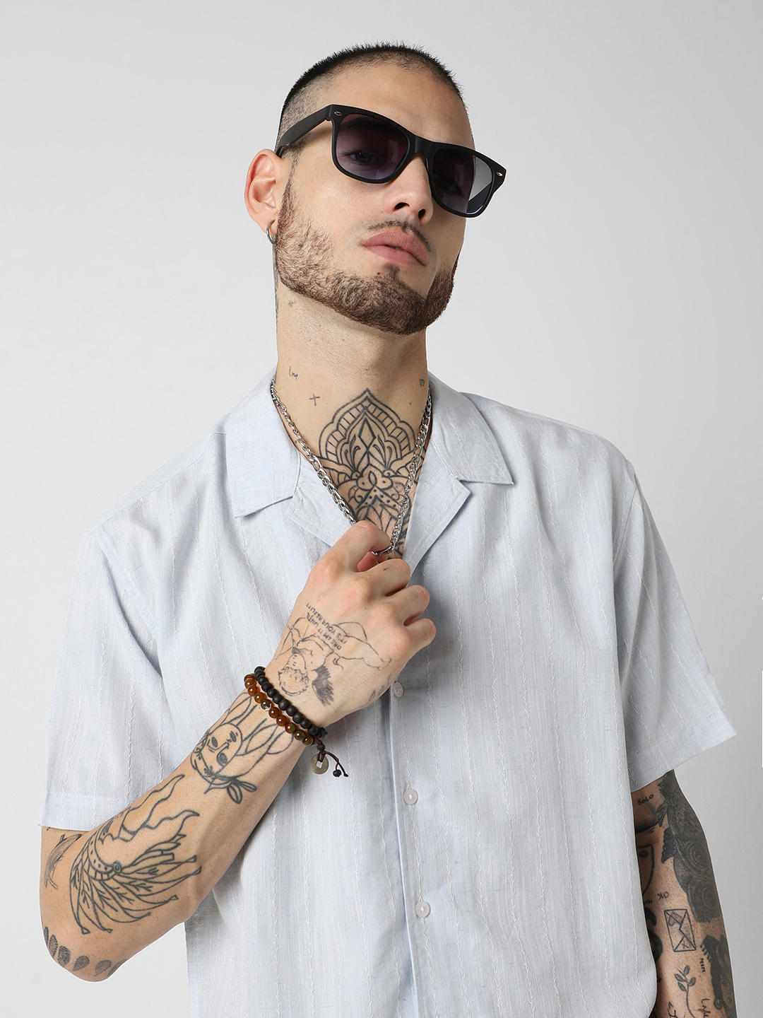 Embroidered Blue Resort Collar Oversized Shirt