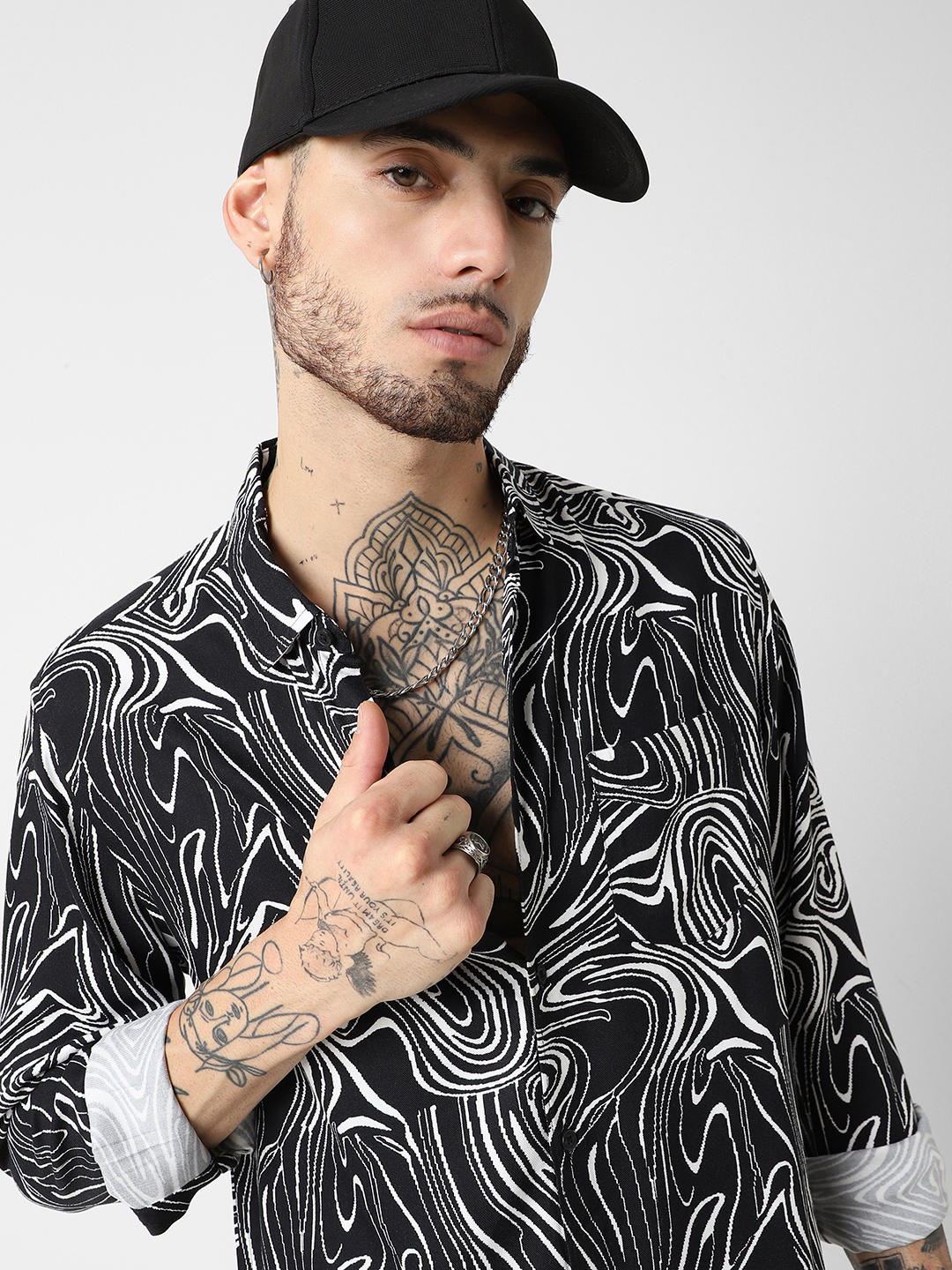 Black Monochrome Wave Printed Shirt