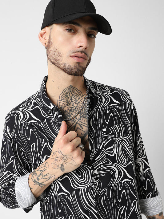 Black Monochrome Wave Printed Shirt