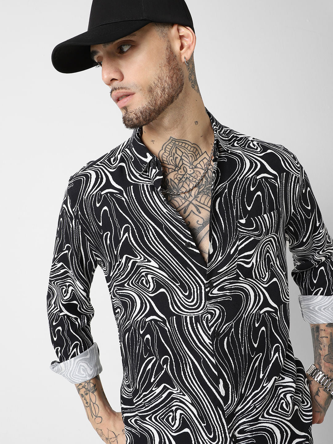 Black Monochrome Wave Printed Shirt