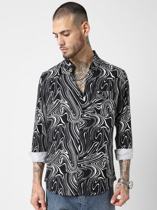 Black Monochrome Wave Printed Shirt