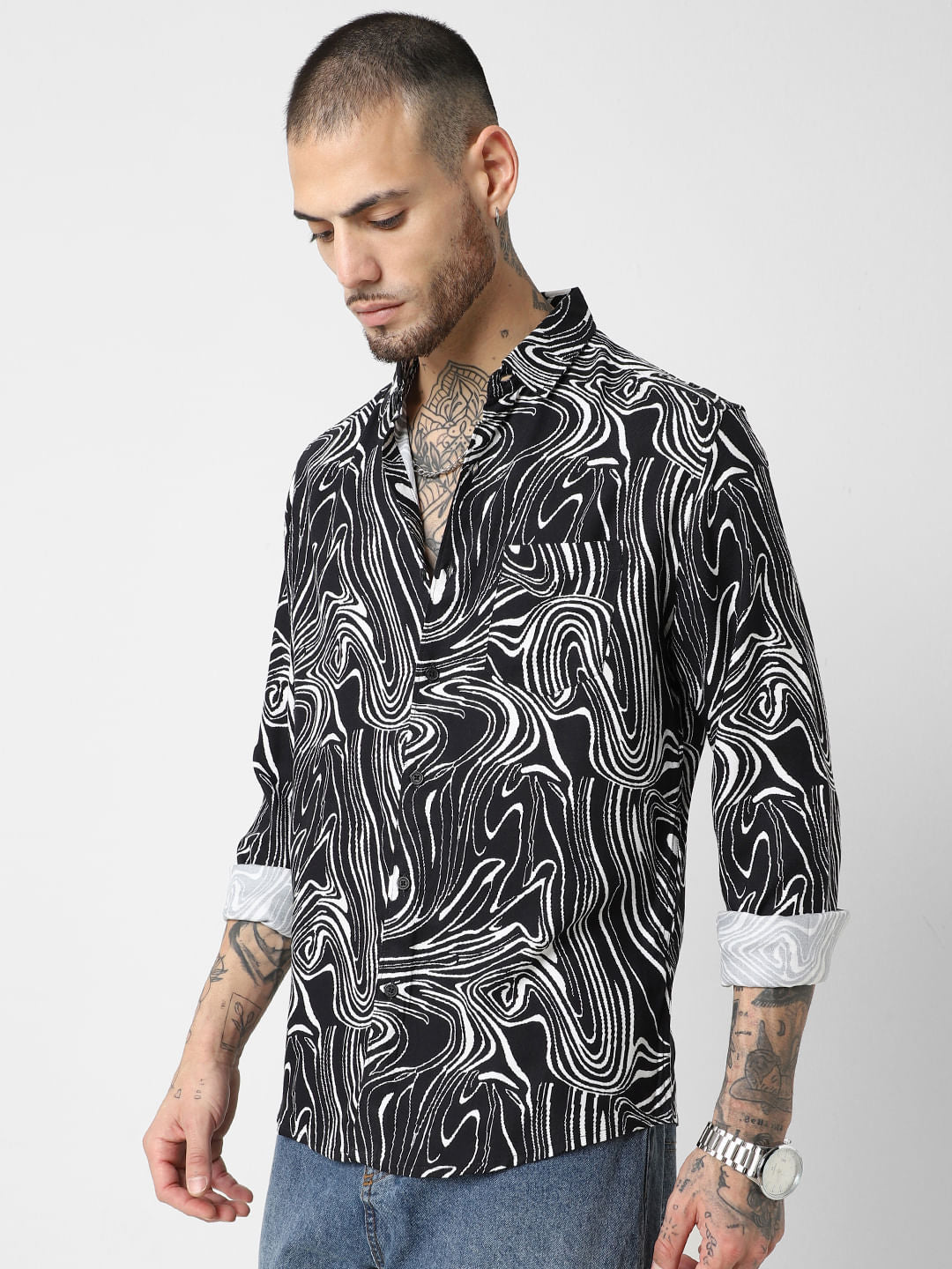 Black Monochrome Wave Printed Shirt