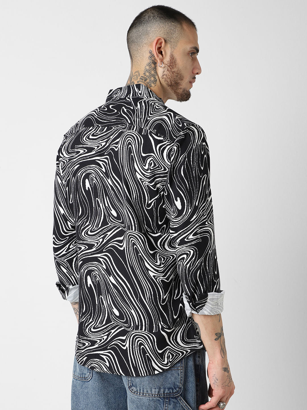 Black Monochrome Wave Printed Shirt