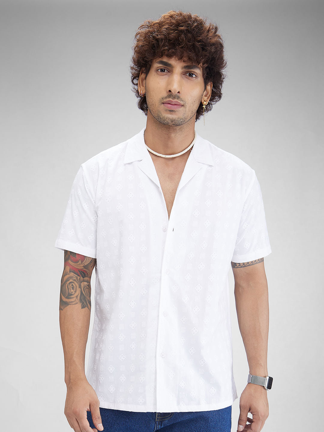 Embroidered White Oversized Resort Collar Shirt