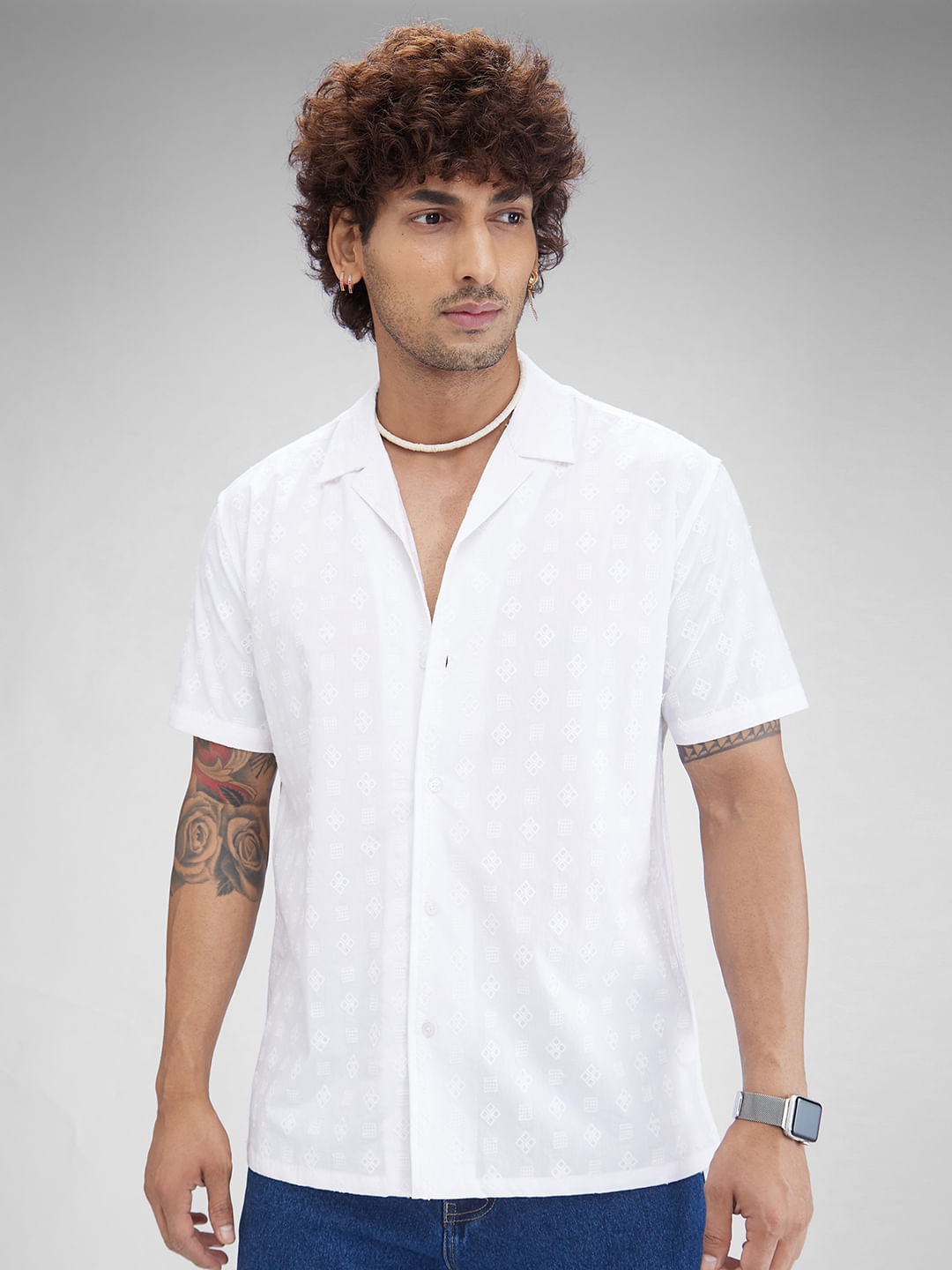 Embroidered White Oversized Resort Collar Shirt