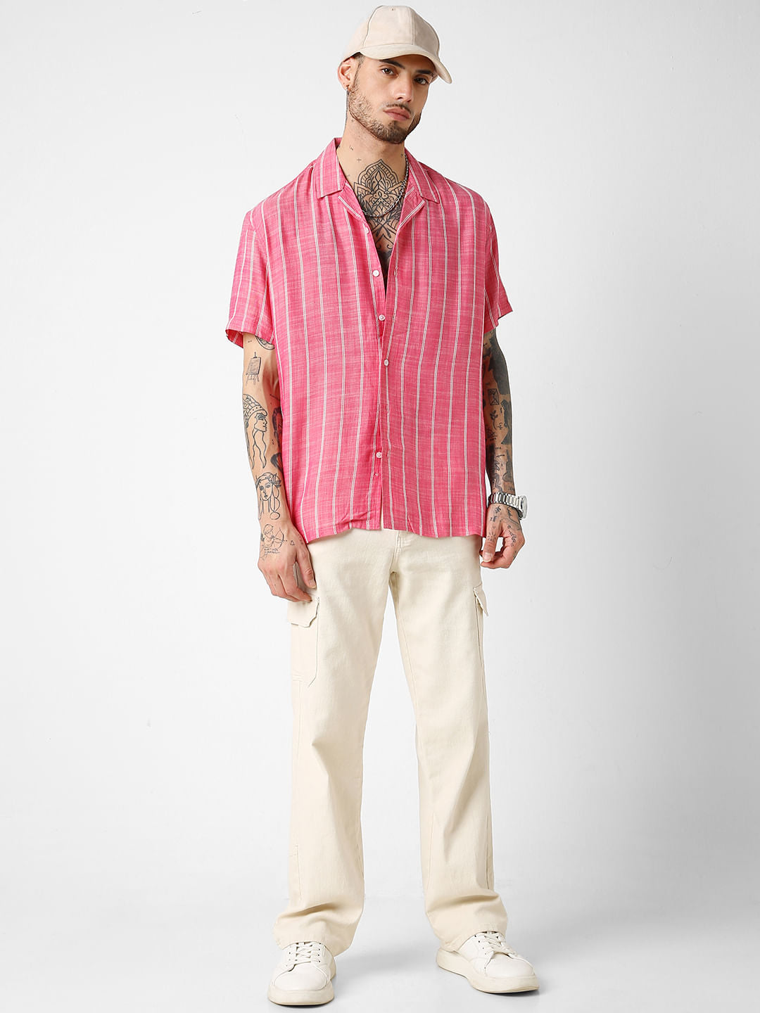 Pink Striped Resort Collar Oversized Shirt