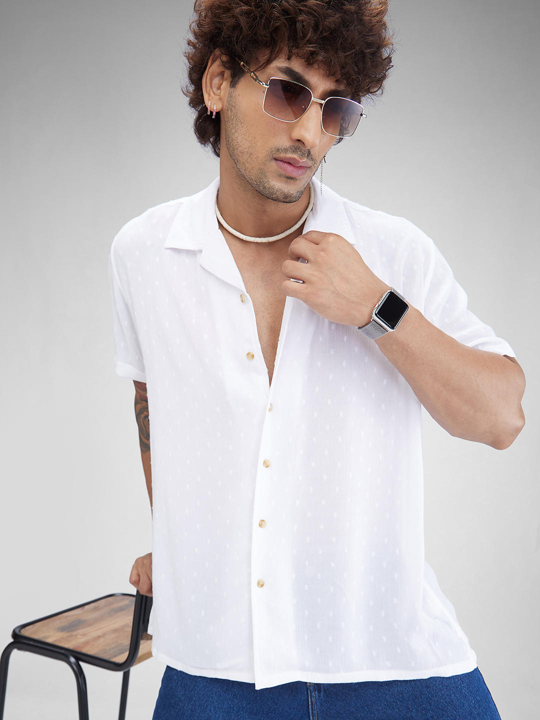 Dobby White Oversized Crepe Shirt